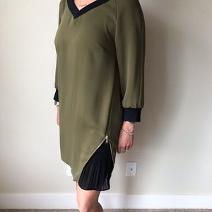 Long Sleeve Army Green and Black V neck Dress